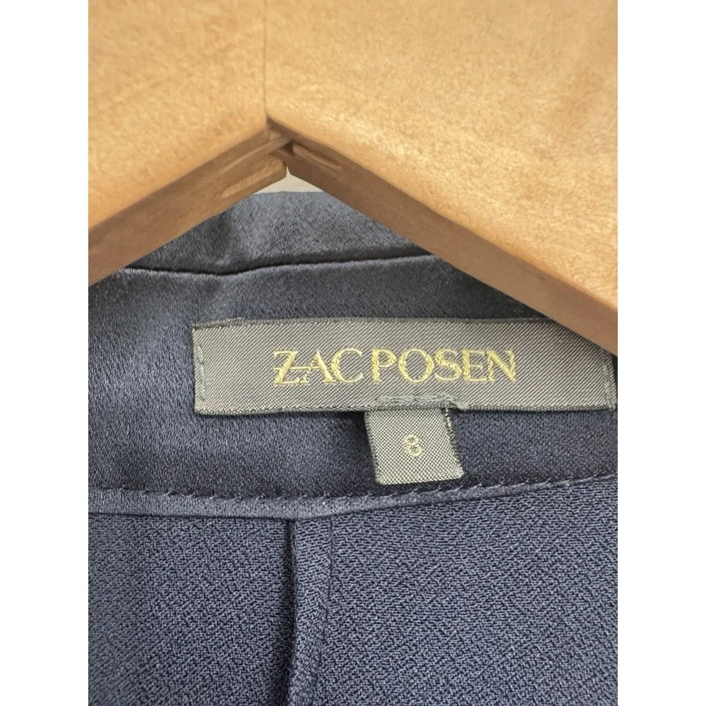 Zac Posen Navy Shawl Collar Deep V-Neck Top 8 Quiet Luxury Minimal Capsule Satin